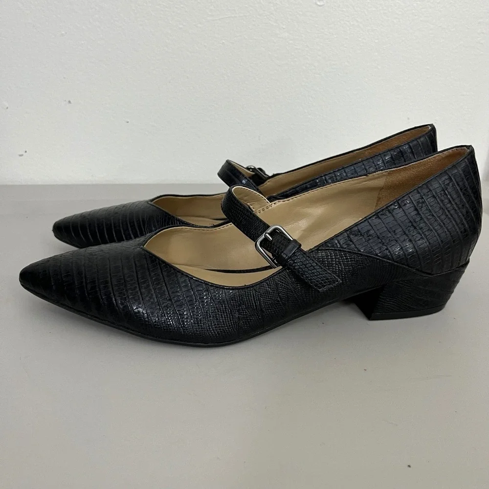 Naturalizer Florencia Mary Jane Pointed Toe Pumps 7.5M Faux Lizard Block Heel